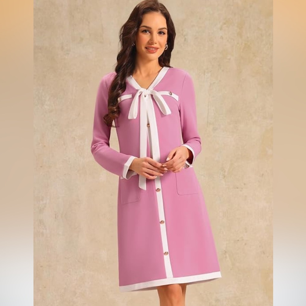 Pink and White Cardigan Dress with Bow Detail